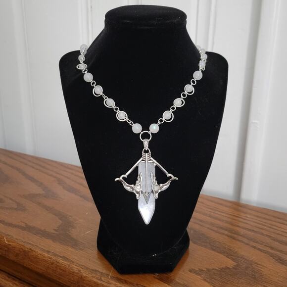 Iridescent moonstone & quartz crystal necklace, bow & arrow pendant - Picture 4 of 7